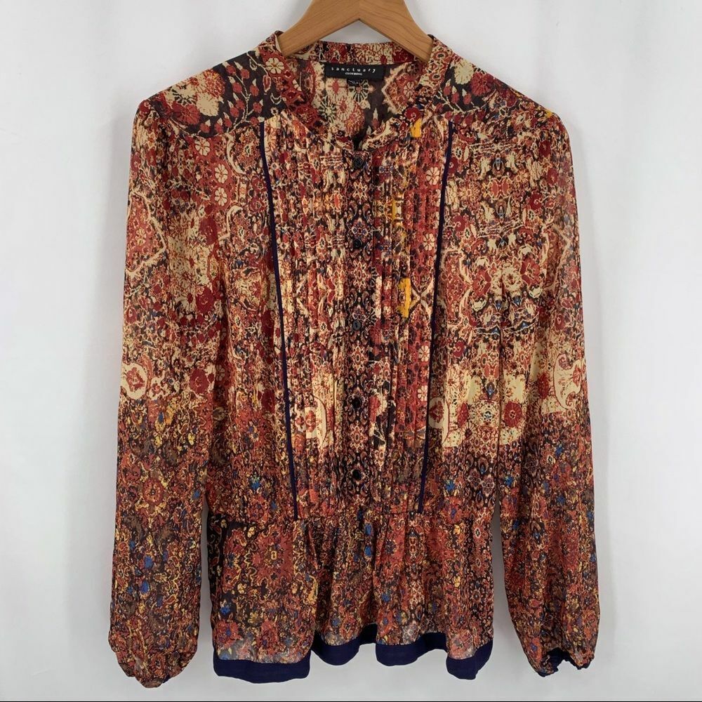 Sanctuary printed blouse elastic waist pleated Medium